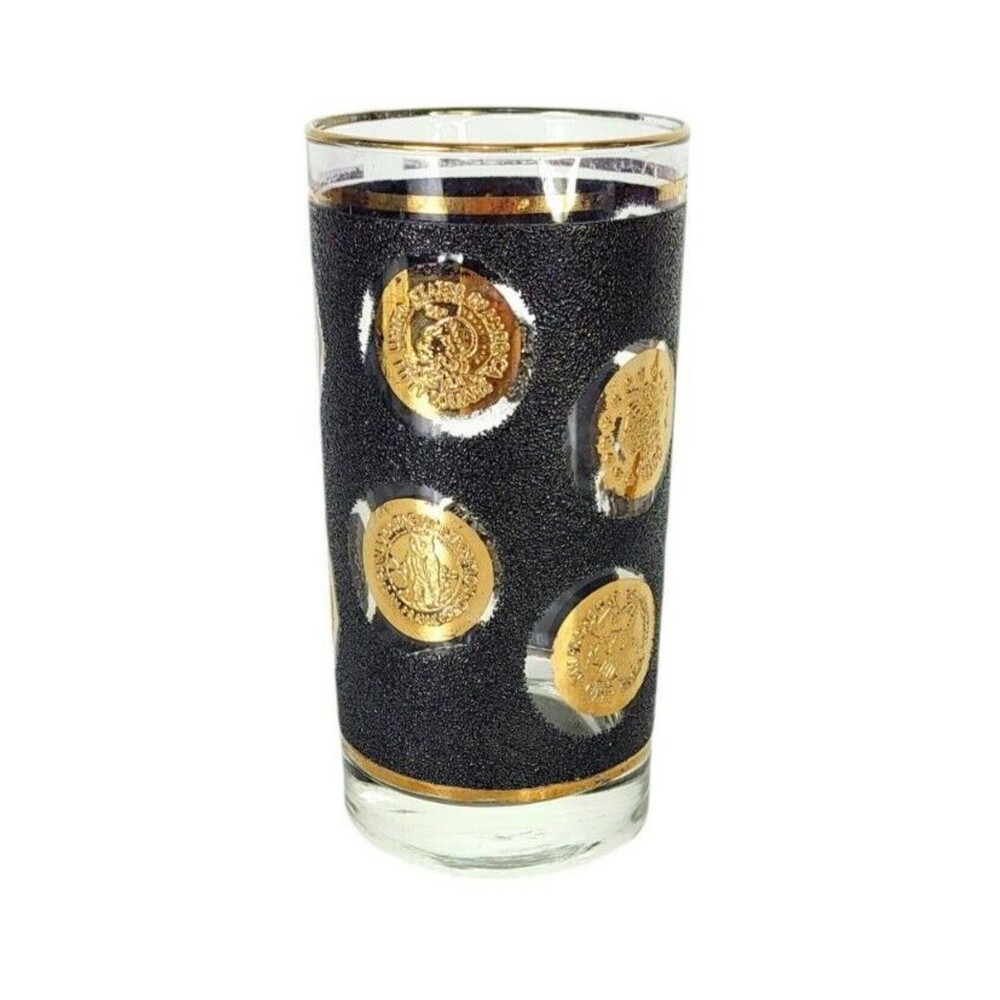 Vintage Libbey 60s MCM Black Gold Old World Coin Highball Tumbler Barware Glass